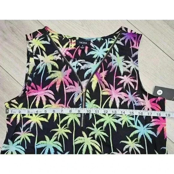 Tacera Colorful Palm Tree Print Tank Sz Small Zipper Detail V-neck Lightweight - Picture 6 of 8